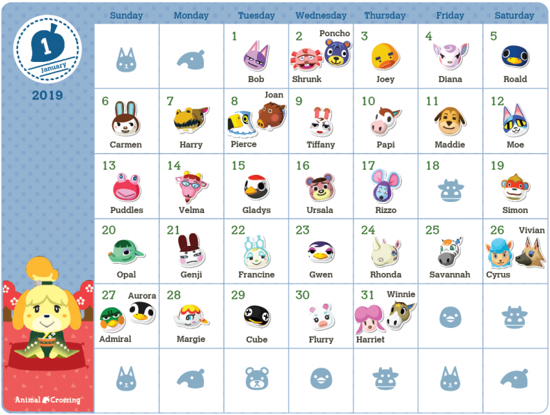 Grab a printable Animal Crossing Villager Birthday Calendar for 2019 at